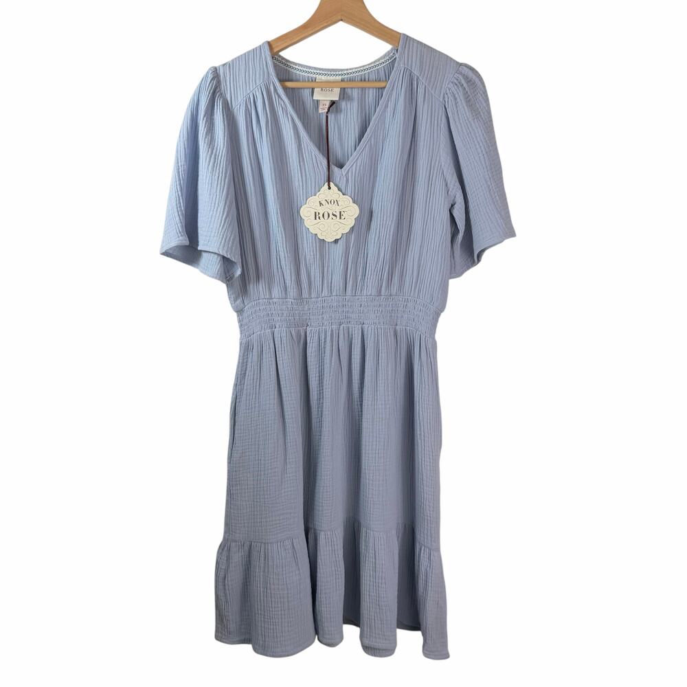 New Knox Rose Boho Cottagecore Blue Double Gauze Smocked Tiered Mini Dress XS